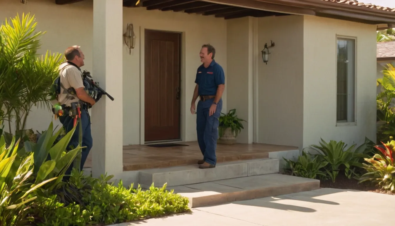 A homeowner talking with a friendly pest control provider at the front door of a block home in Coral Gables