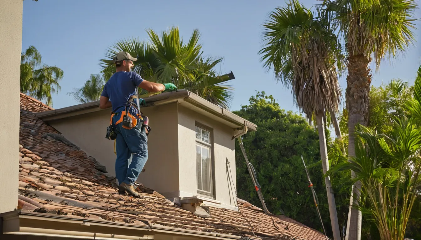 Friendly local provider inspecting a home's roofline for animal entry points in Coral Gables